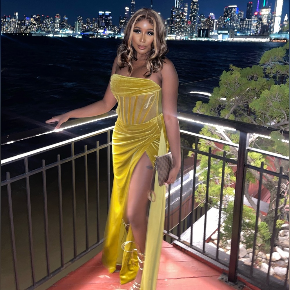 Miss Circle Velvet Gold Gown with a Sheer Corset